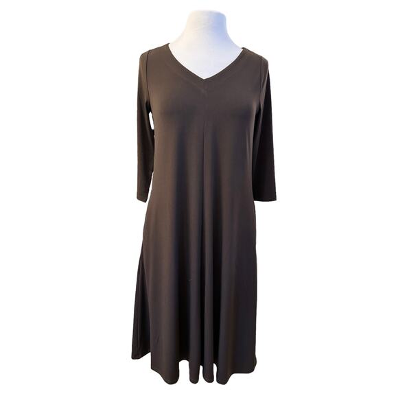 Chico’s Brown Stretch Knit Midi Dress V-Neck 3/4 Sleeve Travel Comfort Women’s - Picture 2 of 12